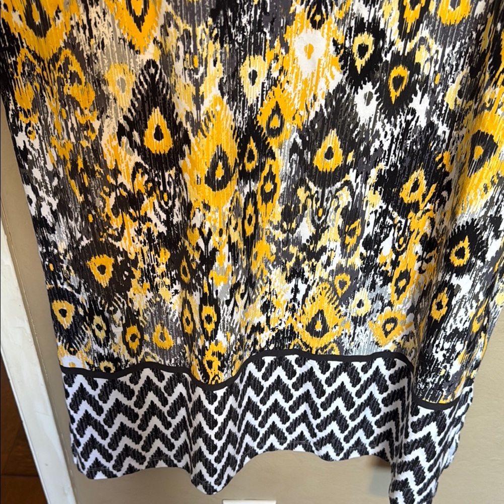Denim & Co Yellow Black Geometric Ikat Midi Dress Side Slit Knit Petite LP - Picture 6 of 15